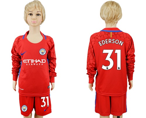Manchester City #31 Ederson Red Goalkeeper Long Sleeves Kid Soccer Club Jersey